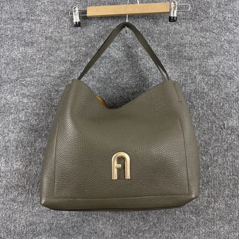 Furla Primula Hobo Bag Pebbled Leather Shoulder Tote Green Luxury Chic Office